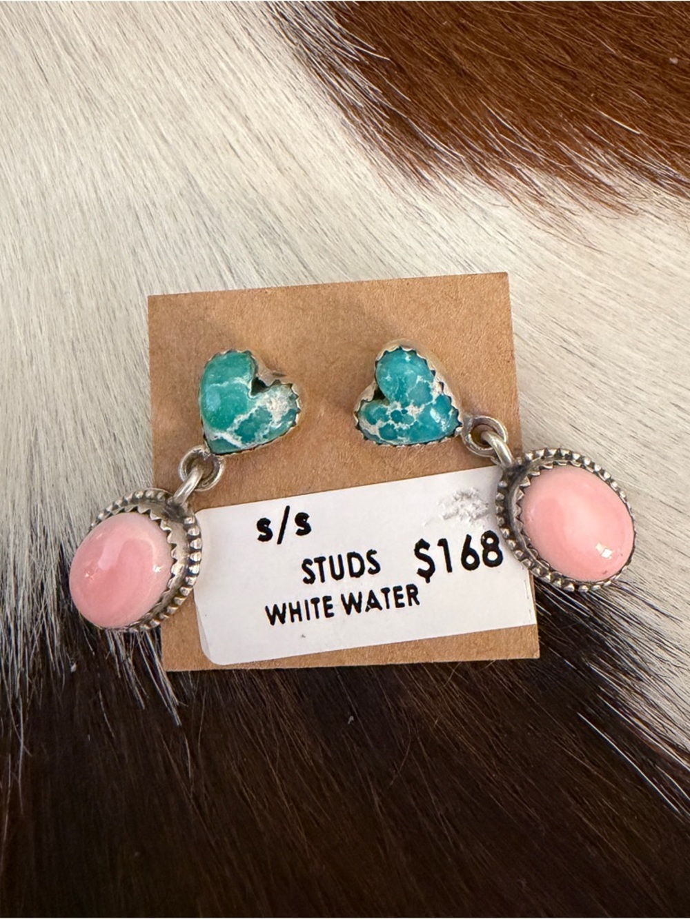 ❤️ Heart Shape White Water Turquoise & Queen Pink Conch Sterling Dangle Earrings - Picture 5 of 14
